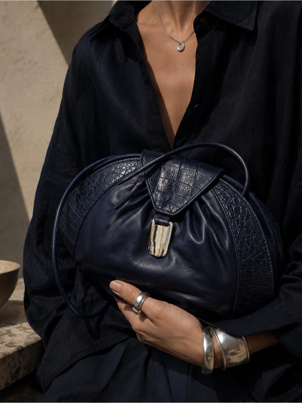 Vintage Susan Gail Navy Leather Crescent Shoulder Bag